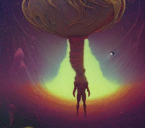 Prompt: a detailed painting portrait inspired by moebius and beksinski of extraterrestrials arriving to earth, inspired by alien. science fiction poster. upperbody. cinematic sci - fi scene. accurate anatomy. symmetry. portrait and science fiction theme with lightning, aurora lighting. clouds and stars. smoke. futurism. fantasy. carl spitzweg. baroque elements.