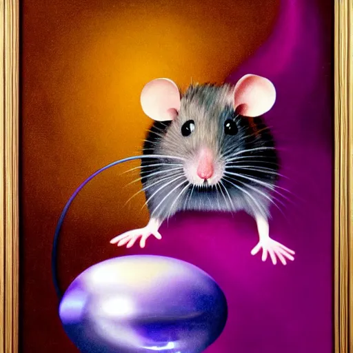 Image similar to mouse reaches for floating purple crystal, famous oil painting, award winning, 8k scan