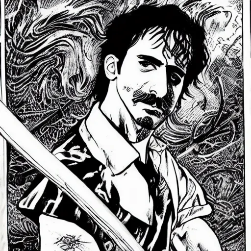 Prompt: pen and ink!!!! attractive 22 year old Frank Zappa x Ryan Gosling golden Vagabond magic swordsman glides through a beautiful battlefield magic the gathering dramatic esoteric!!!!!! pen and ink!!!!! illustrated in high detail!!!!!!!! by Hiroya Oku!!!!! Written by Wes Anderson graphic novel published on shonen jump 2049 award winning!!!!