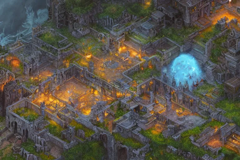 Prompt: an intricate matte painting of top down wild flourescent complex wimmelbild illustration of final fantasy tactics advance 2 rpg battle map,very clear image, no blur, by Christophe Vacher and Bastien Lecouffe-Deharme, trending on artstation