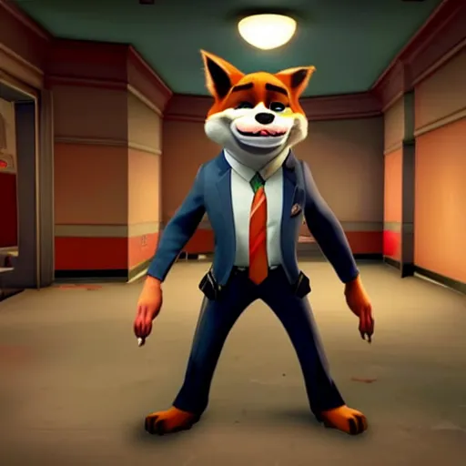 Image similar to Screenshot from the PC game Payday: The Heist featuring Nick Wilde (from Zootopia)