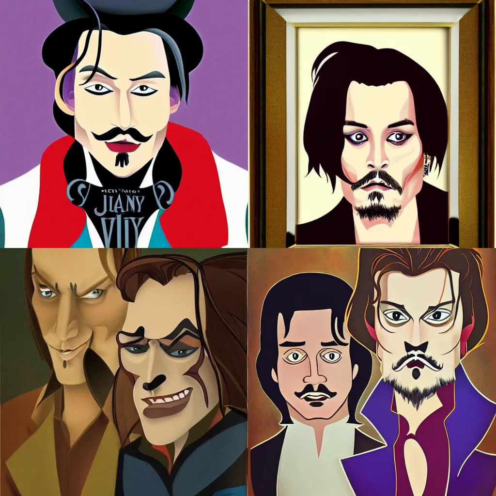 Prompt: a portrait of Johnny Depp as Disney villain, disney cartoon by Keane, Glen