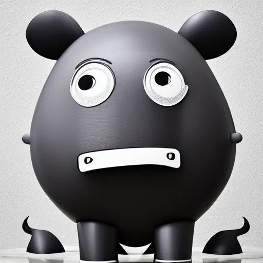 Image similar to a mechanical cow with big head and horns, minimalist style, metal, 3D art, in style of Baymax, smooth