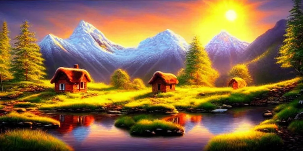 Image similar to a beautiful fantasy landscape, snowy mountain in background, little cottage, small pond, some trees in the corner, sunrise. hyper realism