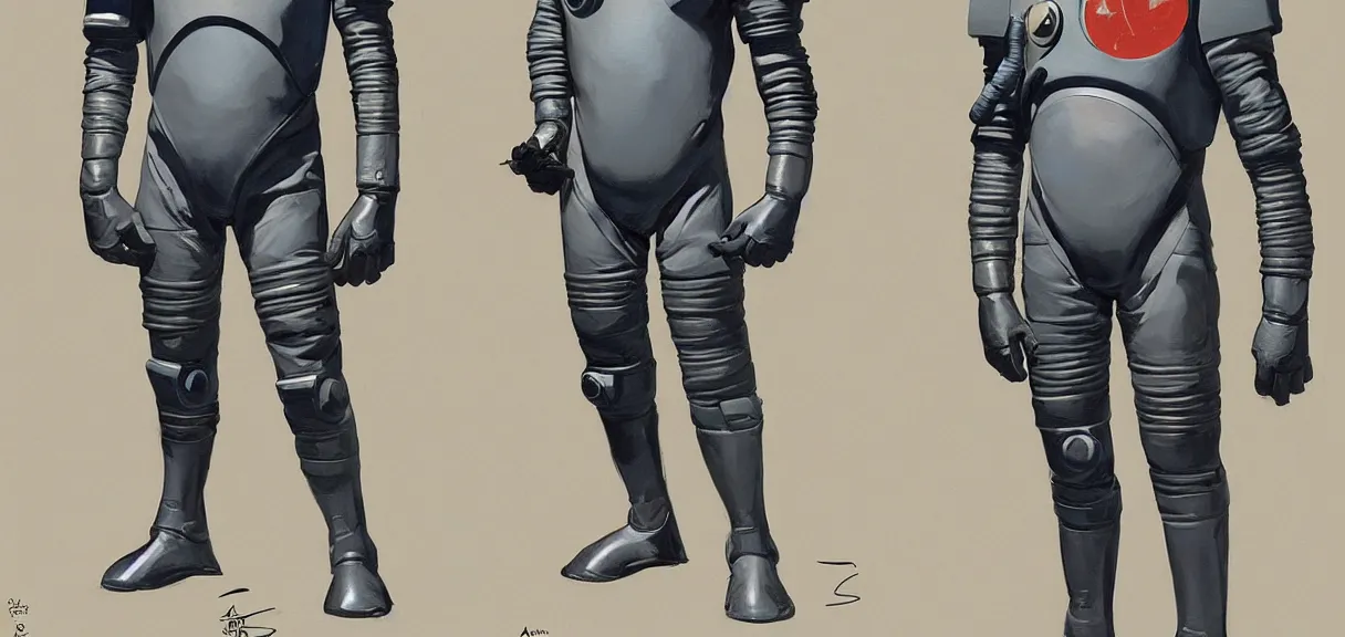 Image similar to male, full body, space suit with a modern helmet, large shoulders, short torso, long thin legs, tiny feet, character sheet, science fiction, very stylized character design, digital painting, by mike mignola, by alex maleev, jean giraud, painted by leyendecker