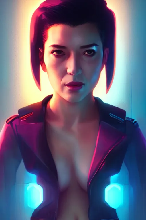 Image similar to 3 / 4 portrait, major mira killian from ghost in a shell, night, crop top, beautiful, in a modern city, neon signs, jewelry, artstation, william bouguereau, rossdraws, greg rutkowski, super detailed, realistic, octane render, volumetric, cinematic, 8 k