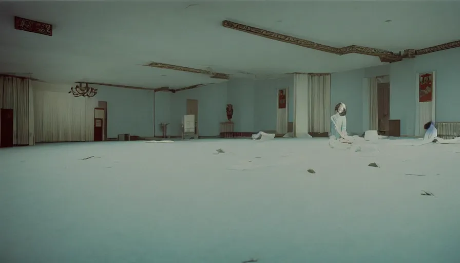 Prompt: 60s movie still of a white japanese female phantoms bloody in an empty soviet stalinist style ballroom with blue beds, cinestill 800t 35mm technicolor, heavy grain, high quality, higly detailed, liminal space