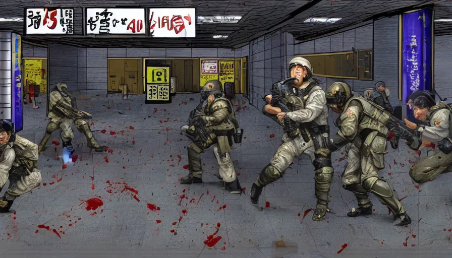 Prompt: 1994 Video Game Screenshot, Anime Neo-tokyo Cyborg bank robbers vs police, Set inside of the Bank Lobby, Multiplayer set-piece in bank lobby, Tactical Squad :9, Police officers under heavy fire, Police Calling for back up, Bullet Holes and Realistic Blood Splatter, :7 Gas Grenades, Riot Shields, Large Caliber Sniper Fire, Chaos, Anime Cyberpunk, Ghost in The shell Bullet VFX, Machine Gun Fire, Violent Gun Action, Shootout, :7 Inspired by Escape From Tarkov + Intruder + Akira + Guilty Gear Xrd :7 by Katsuhiro Otomo: 15