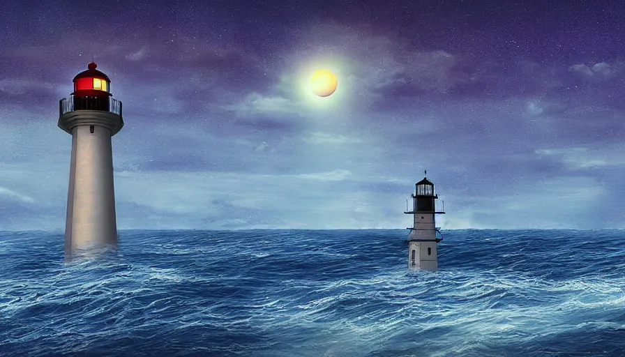 Image similar to a ufo hovers over a lighthouse out at sea, digital art, highly detailed, realistic, bright colors, 8 k