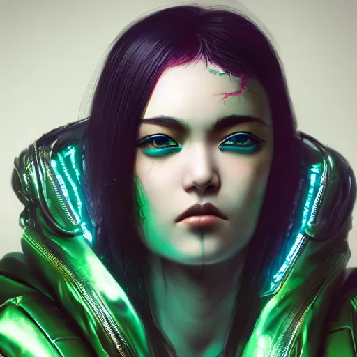Prompt: young Asian Cyberpunk woman with green hair, Close up portrait, wearing a leather jacket, hyperdetailed, artstation, cgsociety, 8k, nighttime