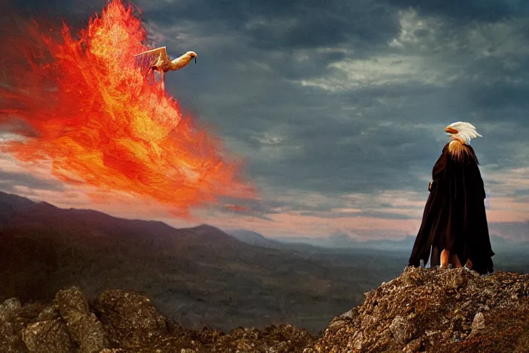 Image similar to at Dusk a witch woman dressed in an elaborate tattered cloak with hood, stands overlooking a mountain range as she holds up a lit and burning red signal flare. An american bald eagle flies towards her. Portrait by annie Liebowitz.