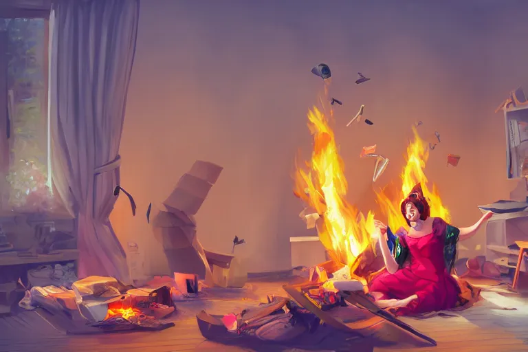 Image similar to a crazy opera singer hurries up to pack daughter's things in suitcase, surrounded with fire, clothes are flying around in room, digital art, trending on artstation