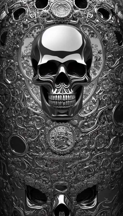 Image similar to portrait of a chrome carved skull. highly detailed. intricate artwork. by Tooth Wu, wlop, beeple, dan mumford. octane render, trending on artstation, greg rutkowski very coherent symmetrical artwork. cinematic, hyper realism, high detail, octane render, 8k, depth of field, bokeh. dripping mirror