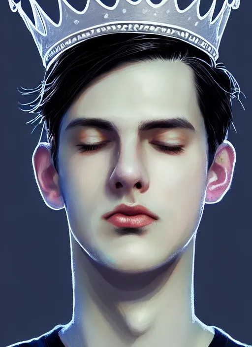 Image similar to portrait of teenage jughead jones wearing a light grey crown, photorealistic, crown, eyes closed, crown, black hair, intricate, elegant, glowing lights, highly detailed, digital painting, artstation, concept art, smooth, sharp focus, illustration, art by wlop, mars ravelo and greg rutkowski