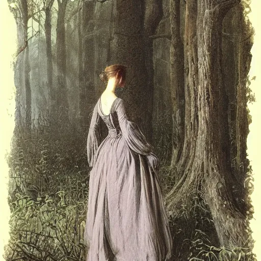 Image similar to A beautiful victorian woman, night, gothic dress, flowing hair, oil painting, portrait, magical forest, spirally trees, glow, dramatic lighting, dramatic light, masterpiece, high detail, long shadow, amazing composition, detailed, painted by Caspar David Friedrich