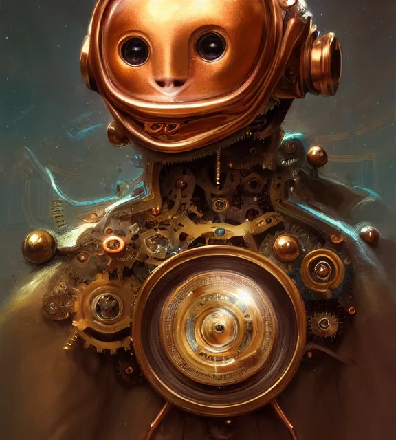 Prompt: cute automaton smiling, perfect face, symmetrical eyes, brass clothes, copper hair, exposed gears, cinematic, stunning, elegant, highly detailed, psychedelic, digital painting, artstation, smooth, hard focus, illustration, art by jessica rossier and and brian froud