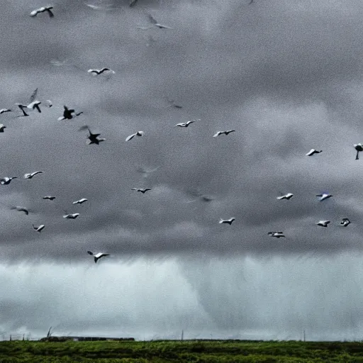 Image similar to a tornado!! made of seagulls, windy, cloudy, realistic reflections, cinematic lighting