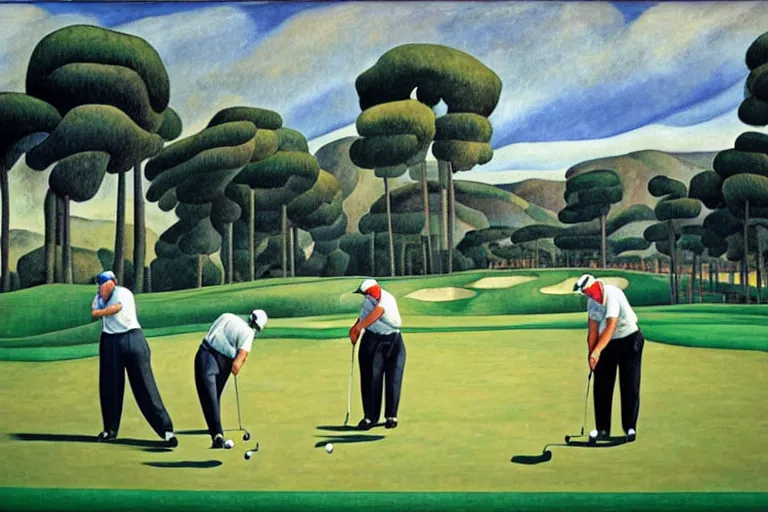 Image similar to Three golfers on a beautiful golf course driving range, by Diego Rivera