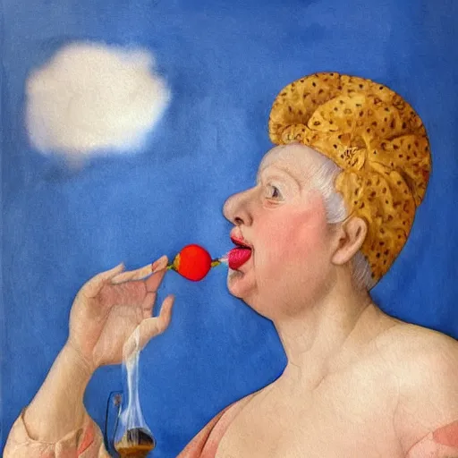 Image similar to a very funny stylize oil painting in renaissance style of a sweet fat old woman kissing her reflection. symmetry face, red mouth, blue eyes. flowery dress. hyper realistic scene. 3 d, octane render, deep focus, white scene. very funny and sweet image. unreal engine. watercolor. fellini style. poster quality. klee style.