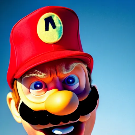 Image similar to uhd candid photo of hyperdetailed photorealistic donald trump dressed as super mario. correct face, cinematic lighting, photo by annie leibowitz, and steve mccurry.