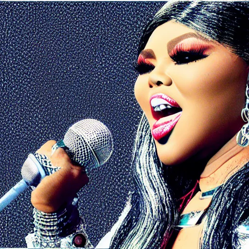 Prompt: highly detailed 3d render of lil Kim rapping, 8k
