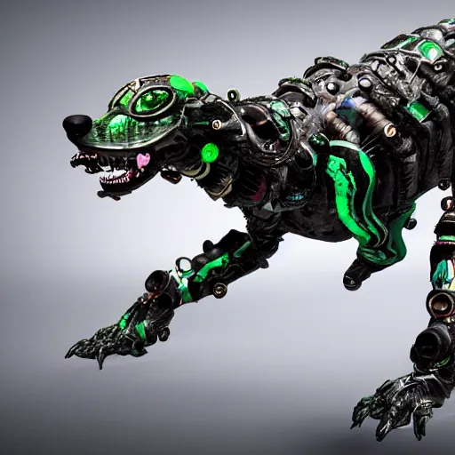 Image similar to hybrid of a cyborg dog and a malachite golem kaiju, ultra detailed, 8 k, rule of thirds, professional lighting, unreal engine.