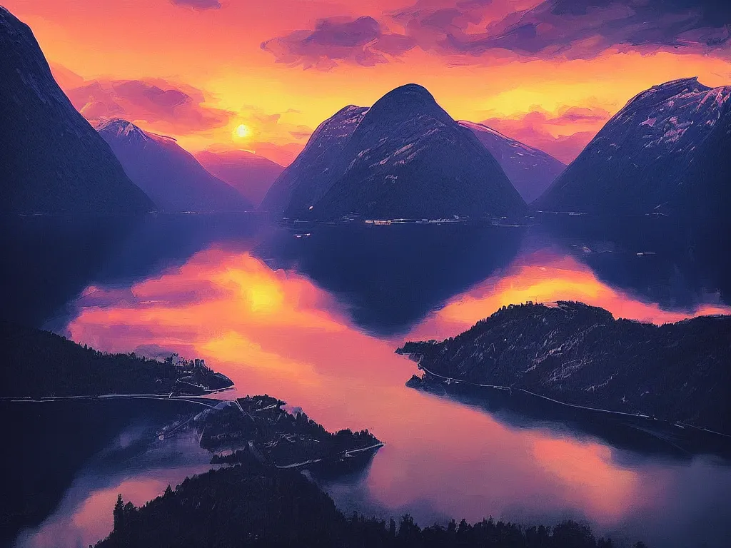 Prompt: the fjords of norway at dusk by alena aenami, petros afshar speedart