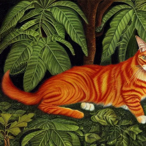 Prompt: a reneissance painting of a red maincoon cat among big green leaves, very detailed, in the style of mantegna