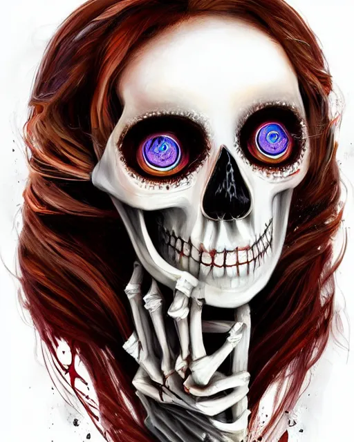 Image similar to a surrealistic head and shoulder painting of a gorgeous female skeleton with cat eyeballs and lipstick and hoodie, in the style of lise deharme, digital art, detailed masterpiece