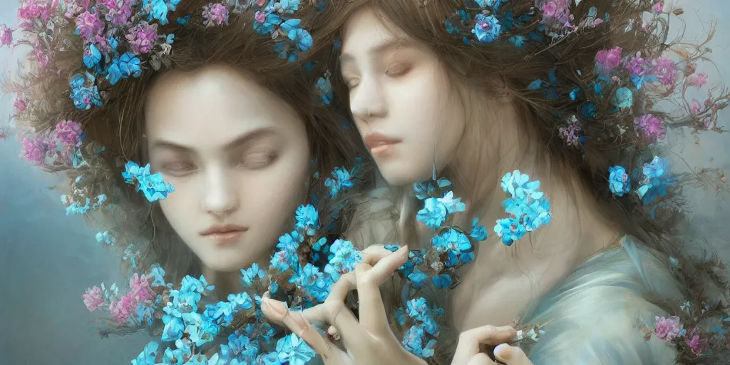 Image similar to breathtaking detailed concept art painting portrait of the hugs goddess of light blue flowers, carroty hair, orthodox saint, with anxious piercing eyes, ornate background, amalgamation of leaves and flowers, by hsiao - ron cheng, extremely moody lighting, 8 k