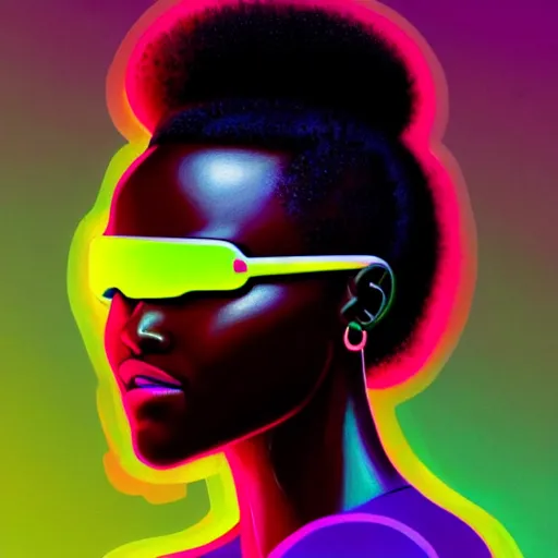 Image similar to Lupita Nyongo wearing opaque reflective goggles profile picture by Greg Rutkowski, brown skin, long afro hair, asymmetrical, futuristic, neon volumetric lights, cool colors, streetwear, studio ghibli, Organic Painting , Matte Painting, geometric shapes, hard edges, street art, trending on the artstation, fantasy LUT, realistic by Sachin Teng + Martin Grip + Moebius, techwear, Industrial Scifi, detailed illustration, character portrait,