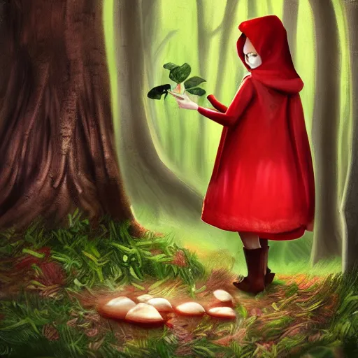 Prompt: little red riding hood is picking mushrooms in the forest digital art,oil painting,trending on artstation.