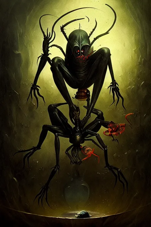 Image similar to hieronymus bosch, greg rutkowski, anna podedworna, painting of drow becoming a demon spider god