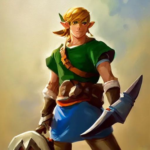 Image similar to greg manchess portrait painting of link from legend of zelda as overwatch character, medium shot, asymmetrical, profile picture, organic painting, sunny day, matte painting, bold shapes, hard edges, street art, trending on artstation, by huang guangjian and gil elvgren and sachin teng