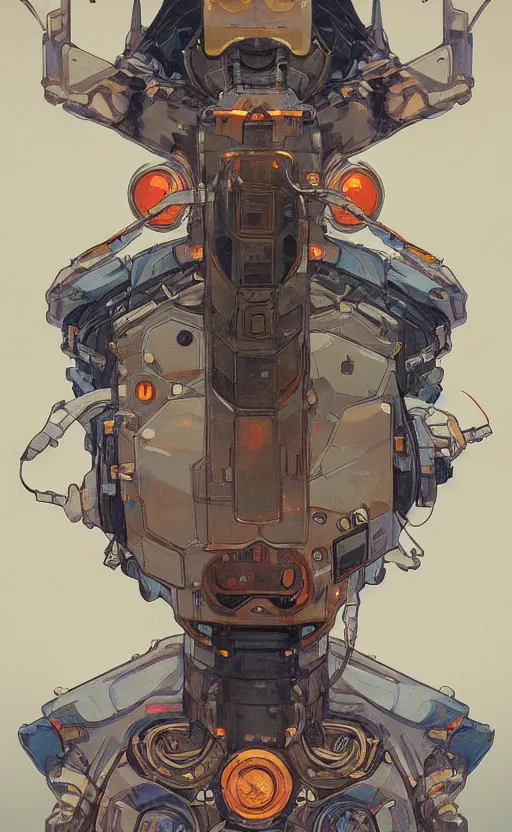 Image similar to upper half portrait of army mecha robot, art by alphonse mucha, highly detailed, digital painting, concept art, illustration, smooth sharp focus, intricate, symmetry, artstation, colourful,