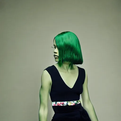 Image similar to realistic photoshoot for a new dior lookbook, color film photography, portrait of a beautiful green haired woman, in style of tyler mitchell, 35mm