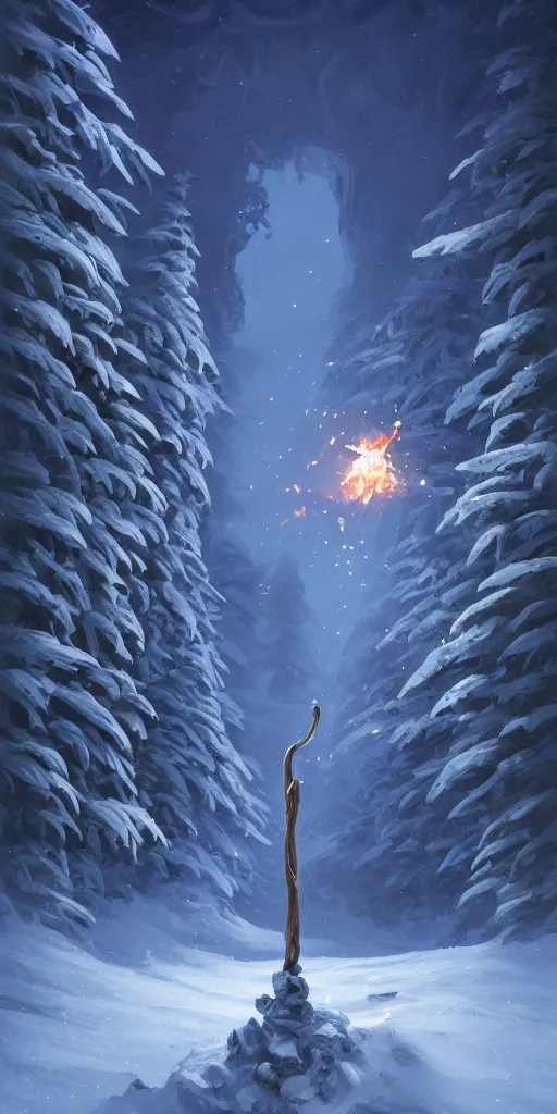 Image similar to a magical carved wooden staff mounted with a glowing crystal stuck in the ground halfway up a snowy mountain in the style of Sylvain Sarrailh, wispy magical smoke, beautiful digital art, cinematic composition, detailed, concept art, Matt painting, oil painting, high res