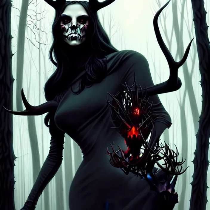 Image similar to style artgerm, joshua middleton, steve niles, gerald brom, scary wendigo with antlers and skull face mixed with werewolf, beautiful witch wearing a black dress on the right side, in the forest, detailed, dark and foggy, cinematic lighting