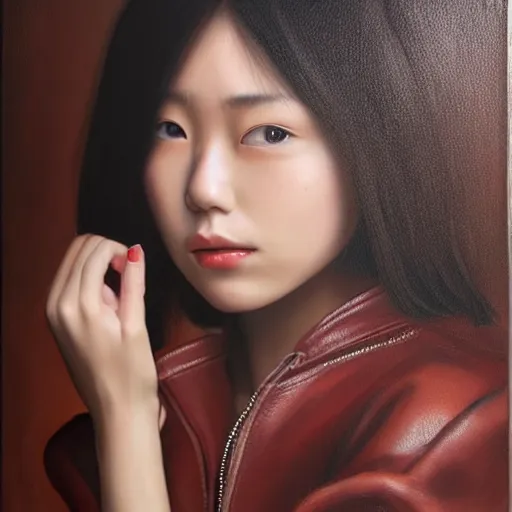 Prompt: perfect, realistic oil painting of close-up japanese young woman wearing leather jacket