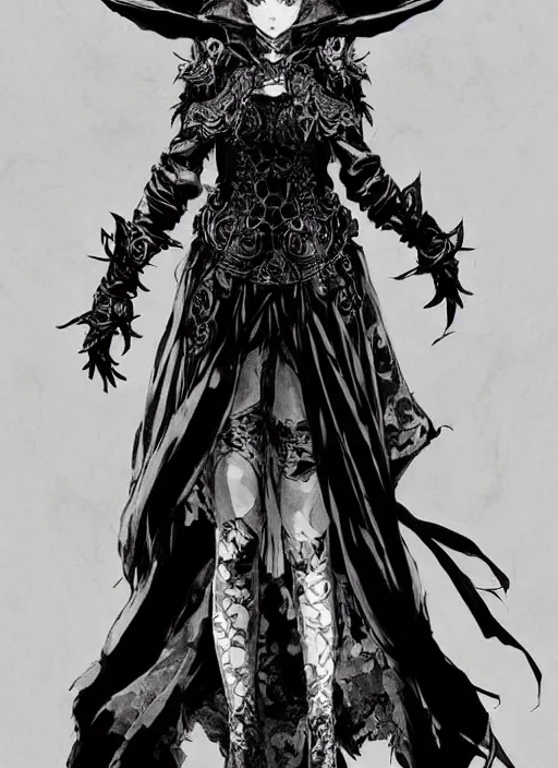 Image similar to beautiful human witch with blonde short curtly hair in intricate ornate witch robe, haughty evil look, witch hat. in style of yoji shinkawa and hyung - tae kim, trending on artstation, dark fantasy, great composition, concept art, highly detailed, dynamic pose.