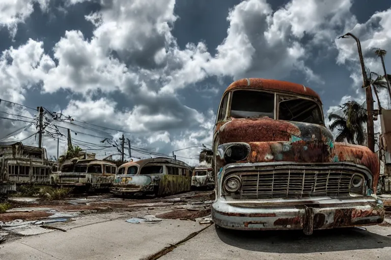Prompt: low wide angle shot of dilapidated fallout 5 miami, tropical coastal city, desolate, dilapidated neon signs, just a rusted retro futuristic vintage parked vehicles like cars, buses, trucks, trams, sunny weather, few clouds, volumetric lighting, photorealistic, daytime, spring, sharp focus, ultra detailed, technicolour 1