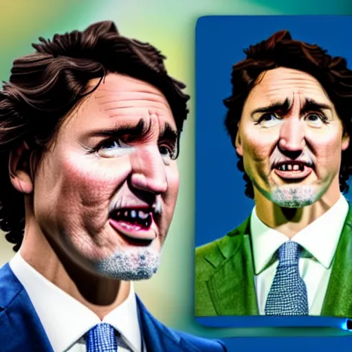 Image similar to justin trudeau cosplaying as a offensive shrek caricature, 7 2 0 p, realistic, controversial photo