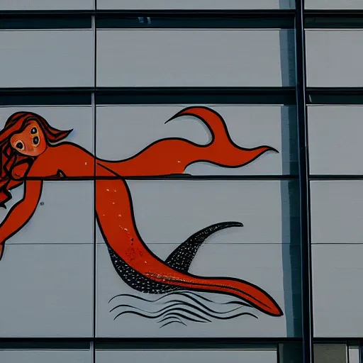 Prompt: company logo on a building showing a mermaid drilling a water well,