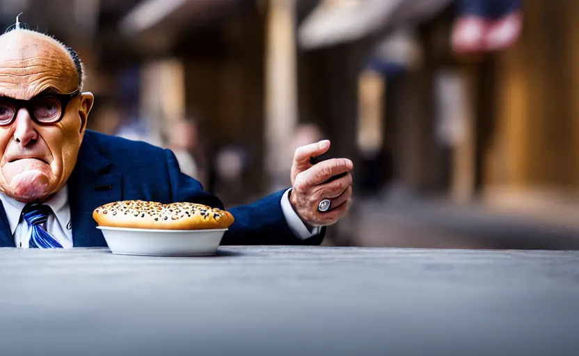 Prompt: photograph of Rudy Giuliani eating a bagel, one point perspective, 1-point perspective, tilt shift, sigma 85mm f/1.4, 4k, depth of field, high resolution, 4k, 8k, hd, full color