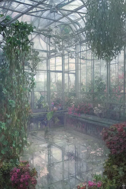 Image similar to a beautiful painting of a greenhouse, rainy, gloomy, dark, shimmering and prismatic, rococo, by krenz cushart and mucha and monet, trending on artstation.