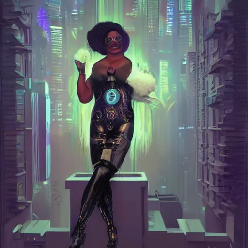 Prompt: cyberpunk fat oprah winfrey head domme mistress, full body, dominatrix, tribal, smooth white tight clothes suit, ornate, very beautiful, concept art, realistic painting, androgynous, afrofuturism, daz 3 d, cinematic, cgsociety, digital art by greg rutkowski, by alphonse mucha,