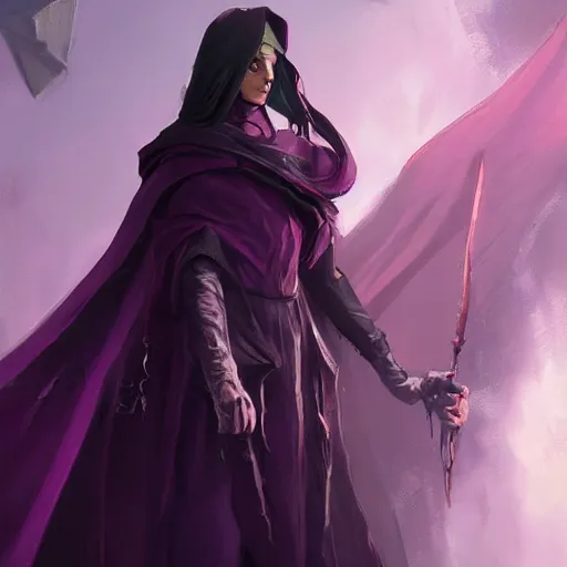 Image similar to female warlock long hood cloak purple, fighting monster with magic, 8 k, trending on artstation by tooth wu and greg rutkowski