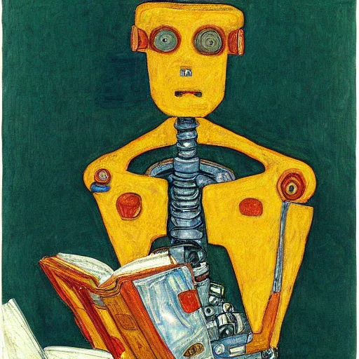 Prompt: a robot reading a book by egon schiele