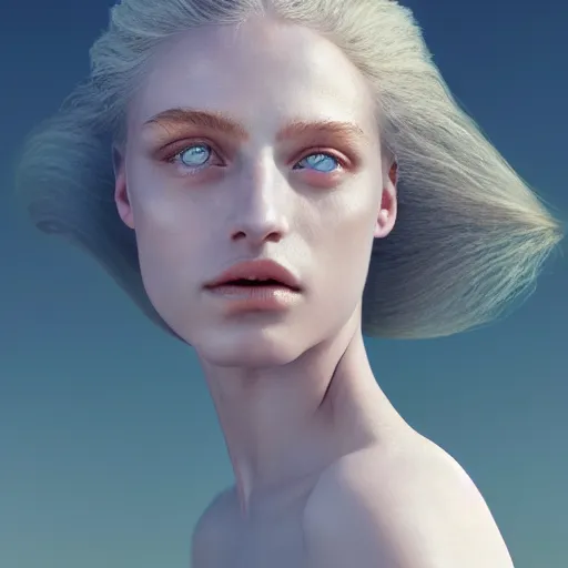 Image similar to photographic portrait of a stunningly beautiful renaissance female with pearlescent skin, white irises and dark eye makeup, in soft dreamy light at sunset, god rays, contemporary fashion shoot, by edward robert hughes, annie leibovitz and steve mccurry, david lazar, jimmy nelsson, extremely detailed, hyperrealistic, perfect face, octane render