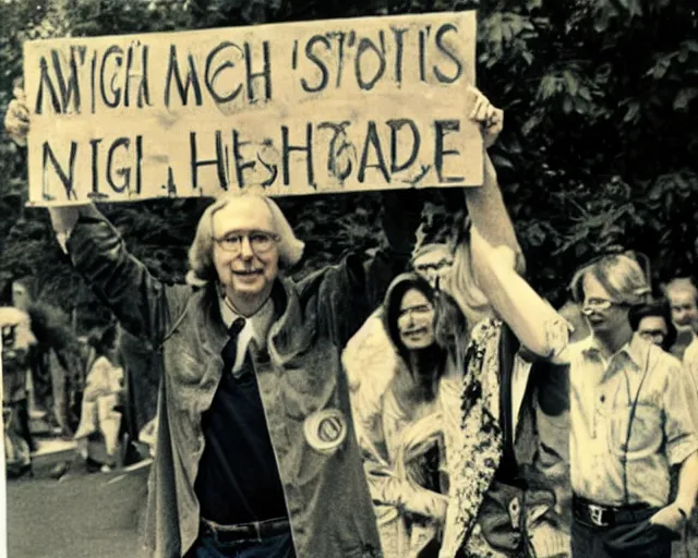 Prompt: Mitch McConnell as a hippie, protesting the Vietnam war, vintage 70\'s photograph